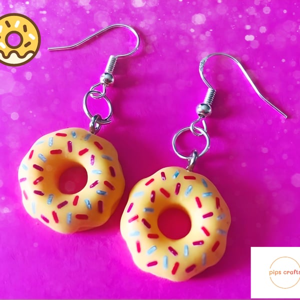 Colourful Doughnut Earrings Lemon Sprinkles, 925 Silver Hooks, Fun Jewellery