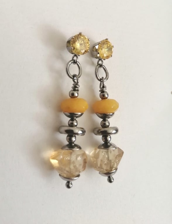 Yellow gemstone beaded earrings cubic zirconia,citrine & jade 
