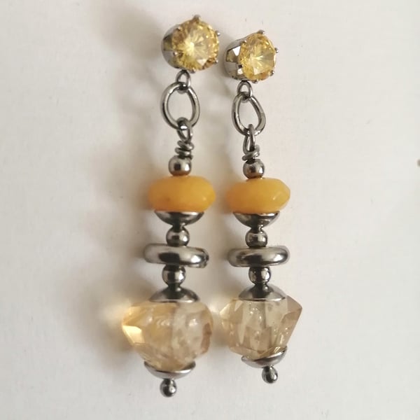 Yellow gemstone beaded earrings cubic zirconia,citrine & jade 