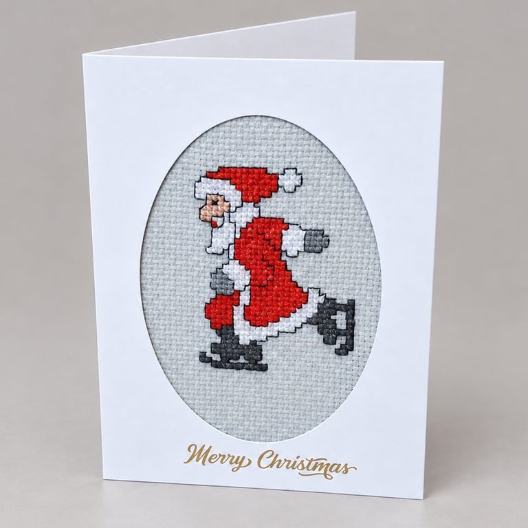 Handmade Cross Stitch Christmas Card – Ice Skating Santa – 6 x 4 Inch