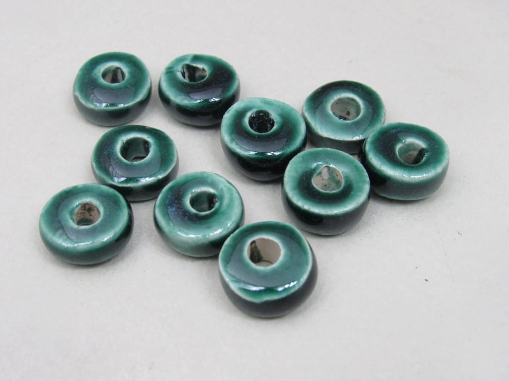 10 Small Emerald Green Glazed Ceramic Washer Beads