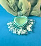 Blue-Green Sea Glass Heart Necklace on Vintage Scarf - Image 3