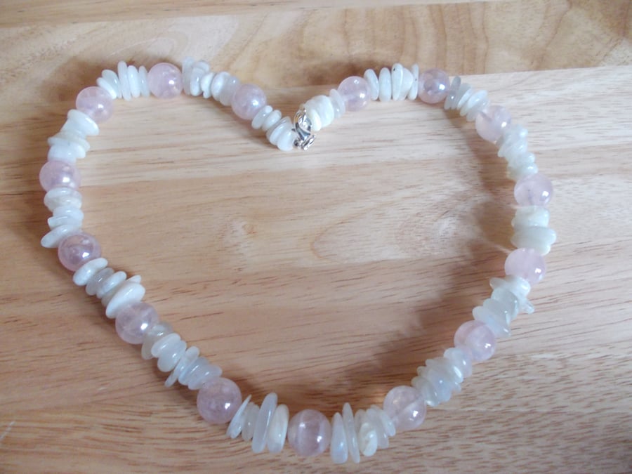 mystic coated rose quartz and moonstone necklace