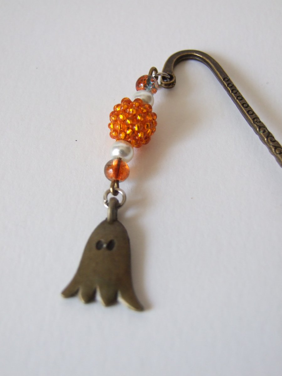 Ghost Charm and Orange Beads Bronze Metal Shepherd's Hook Bookmark