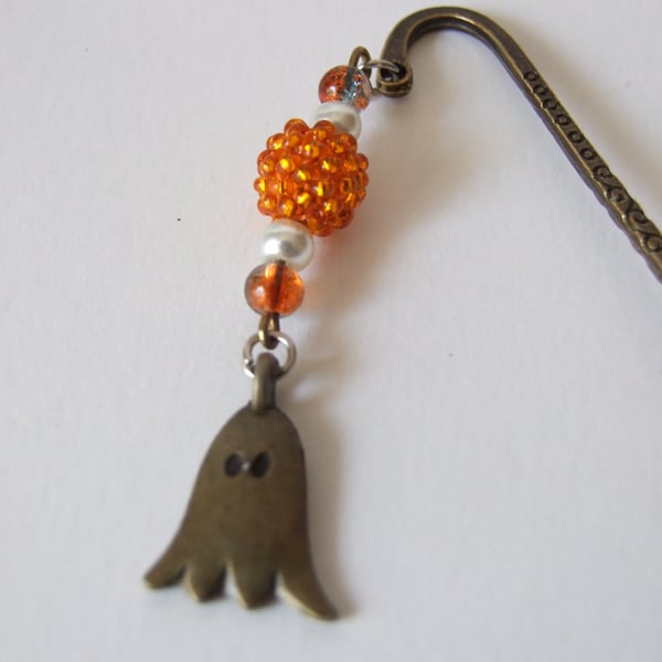 Ghost Charm and Orange Beads Bronze Metal Shepherd's Hook Bookmark