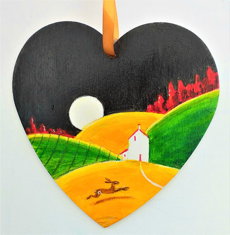 Art Deco nod to Clarice Cliff heart landscape hand painted