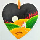 Art Deco nod to Clarice Cliff heart landscape hand painted