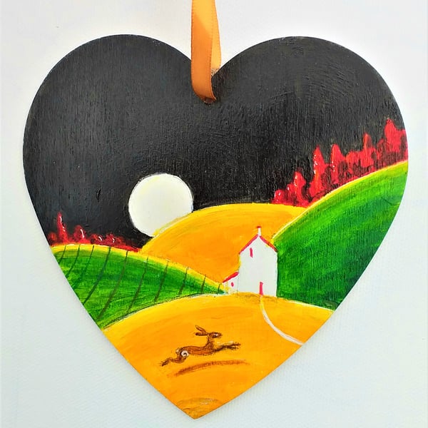 Art Deco nod to Clarice Cliff heart landscape hand painted