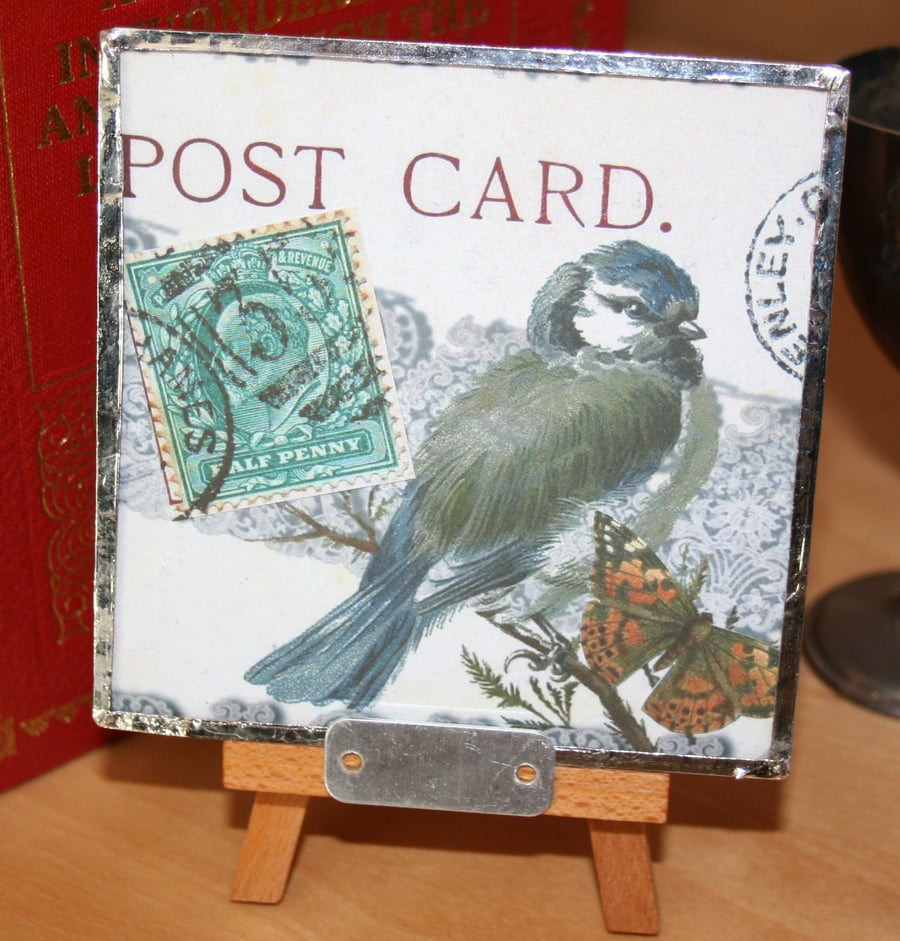 Double sided blue tit postcard Christmas shabby chic easel stand glass