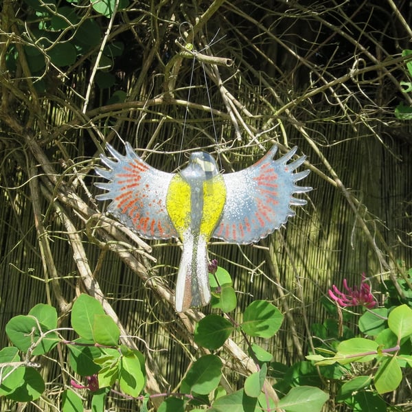 Great Tit Flying - Wings Out - Garden Bird In Flight - Fused Glass Hanging
