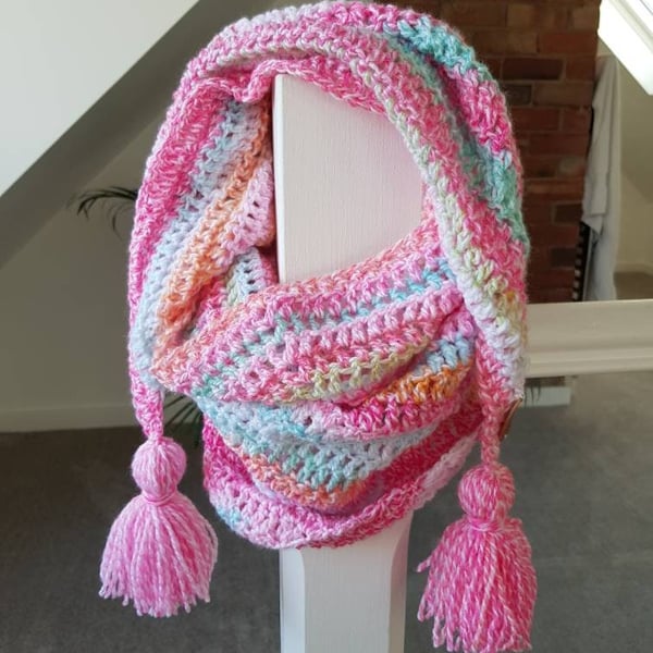 Pink Crochet Scarf, Lightweight boho shawl