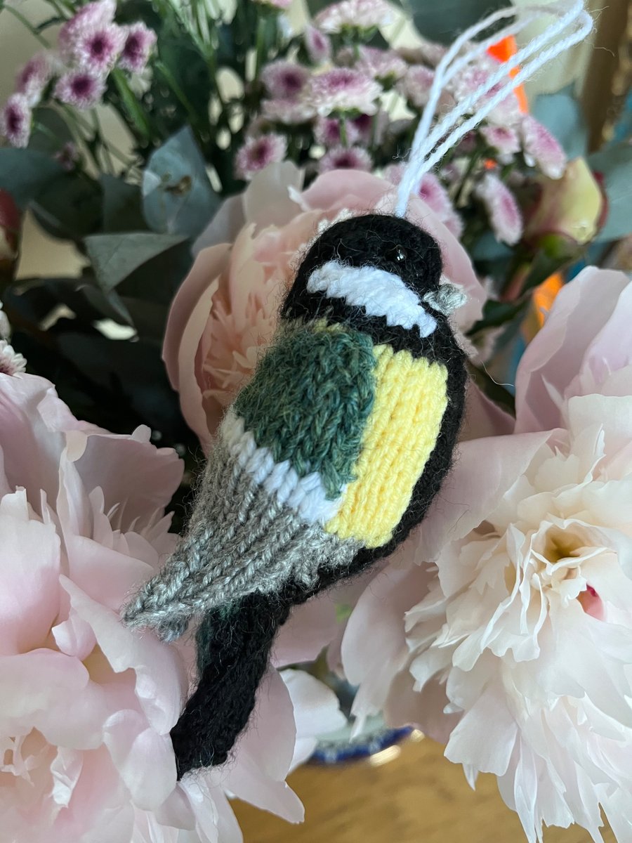 Great tit bird hand knit tree decoration