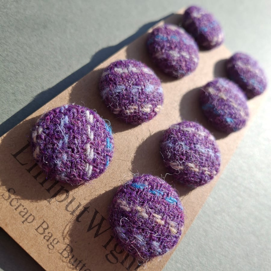 Set of eight scrap bag buttons - purple, blue and oatmeal Harris Tweed