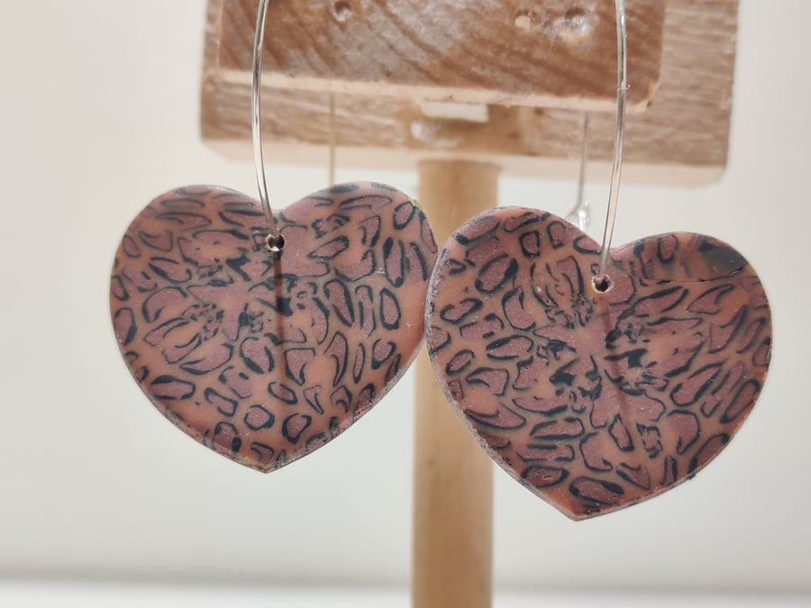 Leopard print heart polymerclay hoop earrings