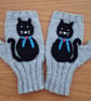Grey Aran Fingerless Gloves With Appliqued Black Cats With Shiny Eyes (J191)