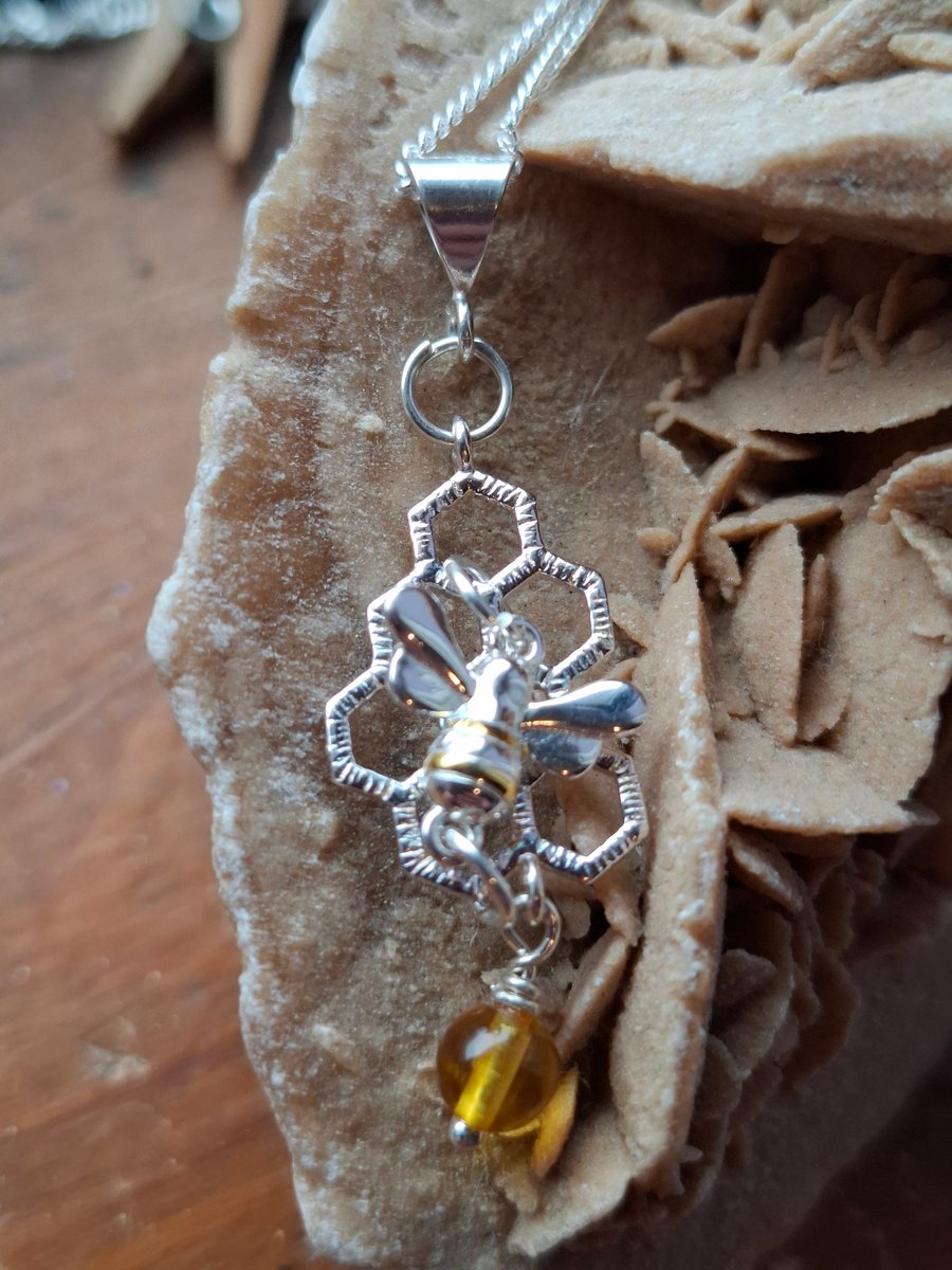 Sterling Silver Bee, Honeycomb and Amber Necklace