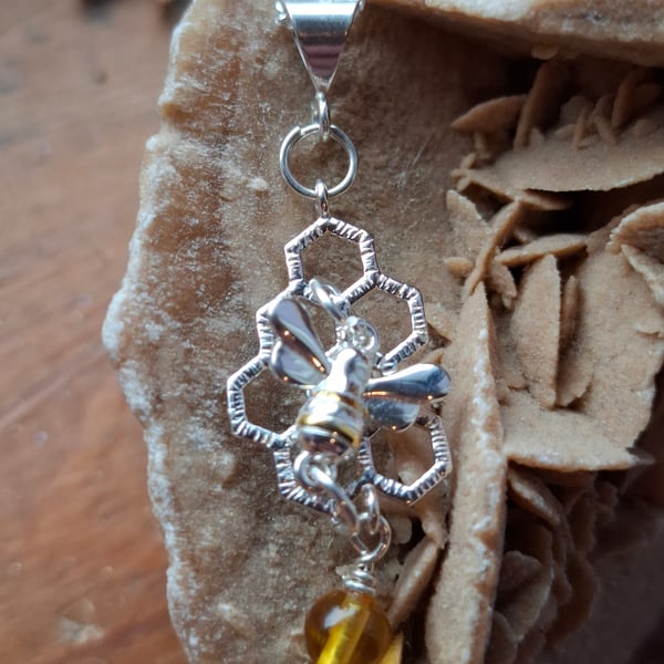 Sterling Silver Bee, Honeycomb and Amber Necklace