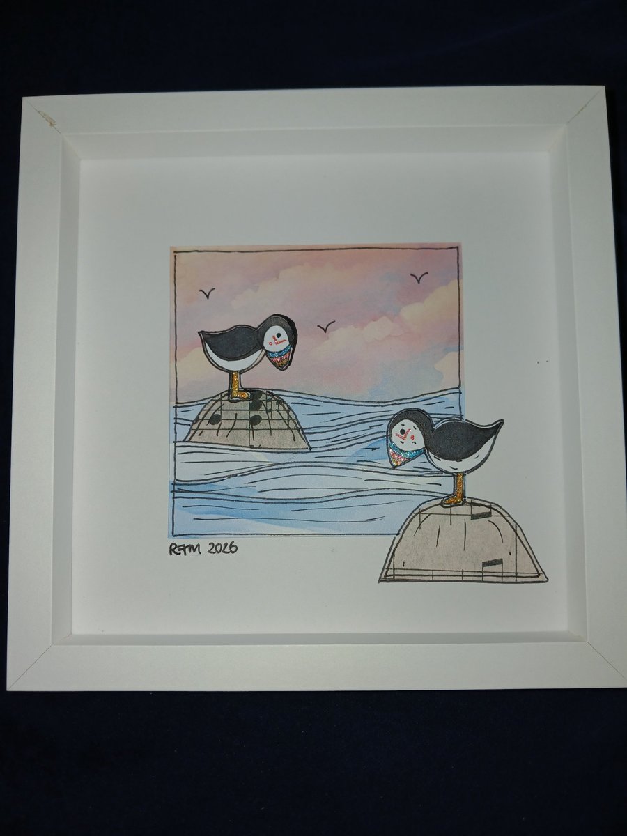 Quirky art two puffins in a sunset original framed picture, 6 x 6 " white  frame