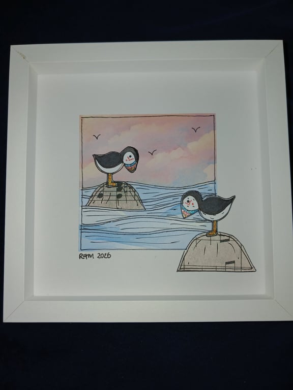 Quirky art two puffins in a sunset original framed picture, 6 x 6 " white  frame