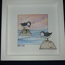Quirky art two puffins in a sunset original framed picture, 6 x 6 " white  frame