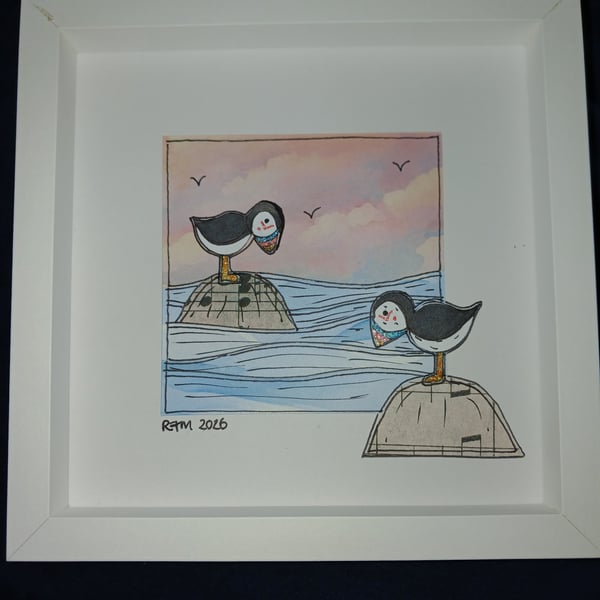 Quirky art two puffins in a sunset original framed picture, 6 x 6 " white  frame