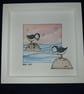 Quirky art two puffins in a sunset original framed picture, 6 x 6 " white  fr