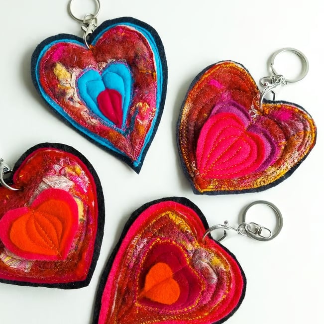  Heart keyring, bag charms made from felt, fabric and stitch 