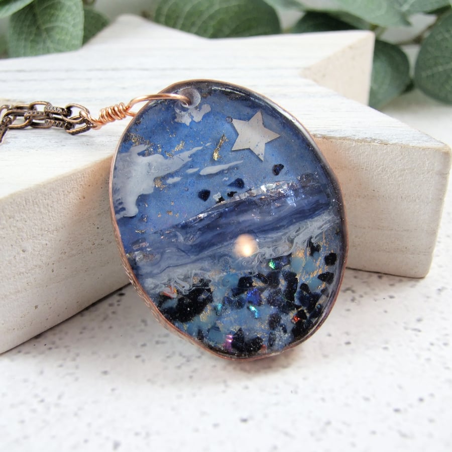 Hanging Starlight Beach Decoration, Resin and Copper with Inks and Metal Leaf 