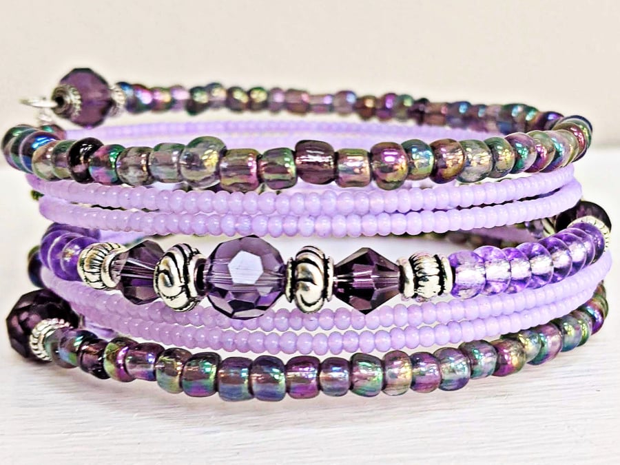 Memory Wire Bracelet in Purple Rainbow,  Coil Wrap Bangle