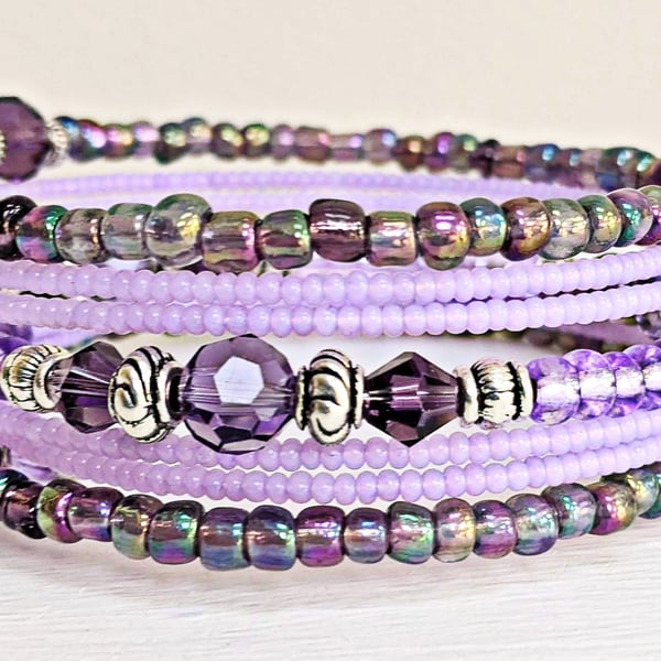 Memory Wire Bracelet in Purple Rainbow,  Coil Wrap Bangle