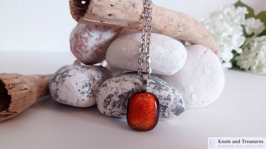 Burnt Orange Dichroic Glass Pendant Necklace