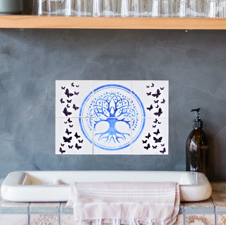 Kitchen Tile Splashback, Tree of Life Ceramic Painted Tiles