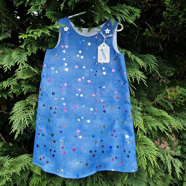 Age: 5-6yr Denim Multicolour Foil Heart dress. 