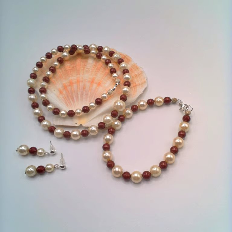 Perfectly Imperfect, Maroon and Cream Pearl Necklace Bracelet and Earrings Set