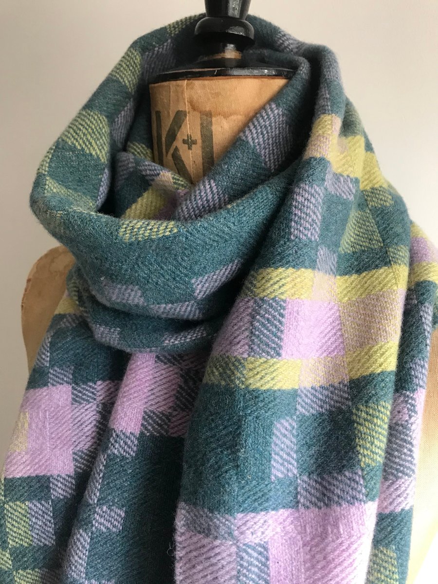 AGNESS No.2 - Contemporary Handwoven Lambswool Scarf - Teal Lilac Green
