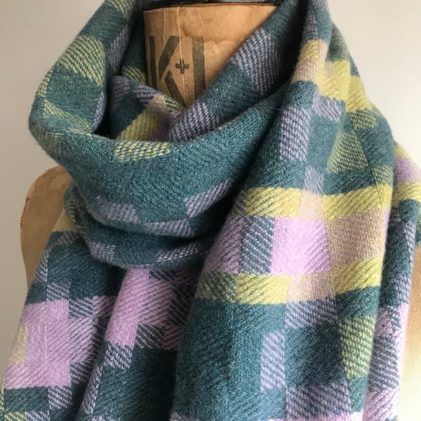 AGNESS No.2 - Contemporary Handwoven Lambswool Scarf - Teal Lilac Green