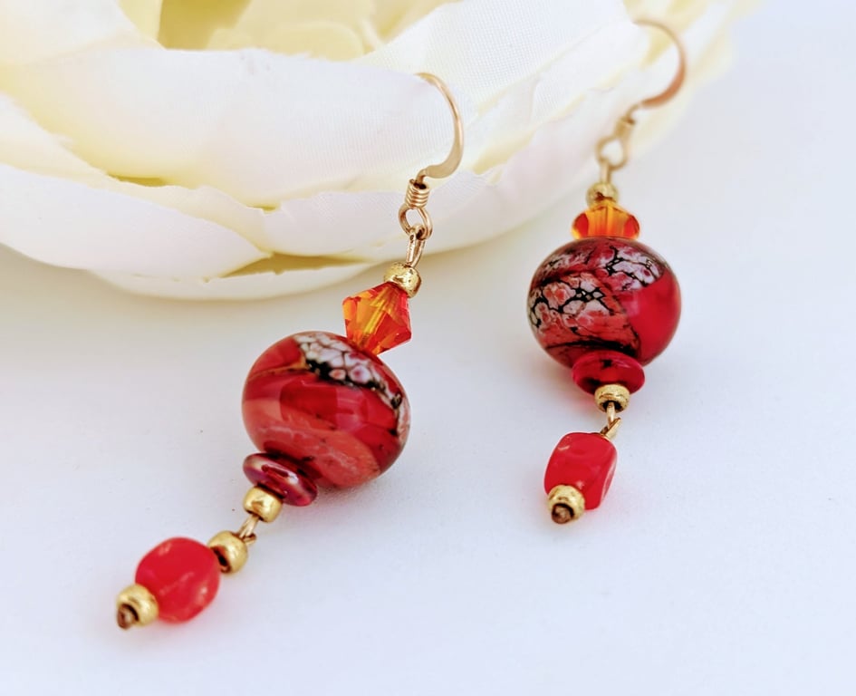 Red Lampwork Glass Dangle Earrings: Gold Filled Ear Wires