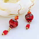 Red Lampwork Glass Dangle Earrings: Gold Filled Ear Wires
