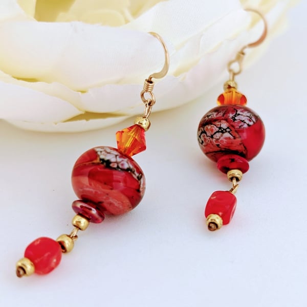 Red Lampwork Glass Dangle Earrings: Gold Filled Ear Wires