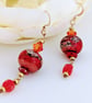 Red Lampwork Glass Dangle Earrings: Gold Filled Ear Wires