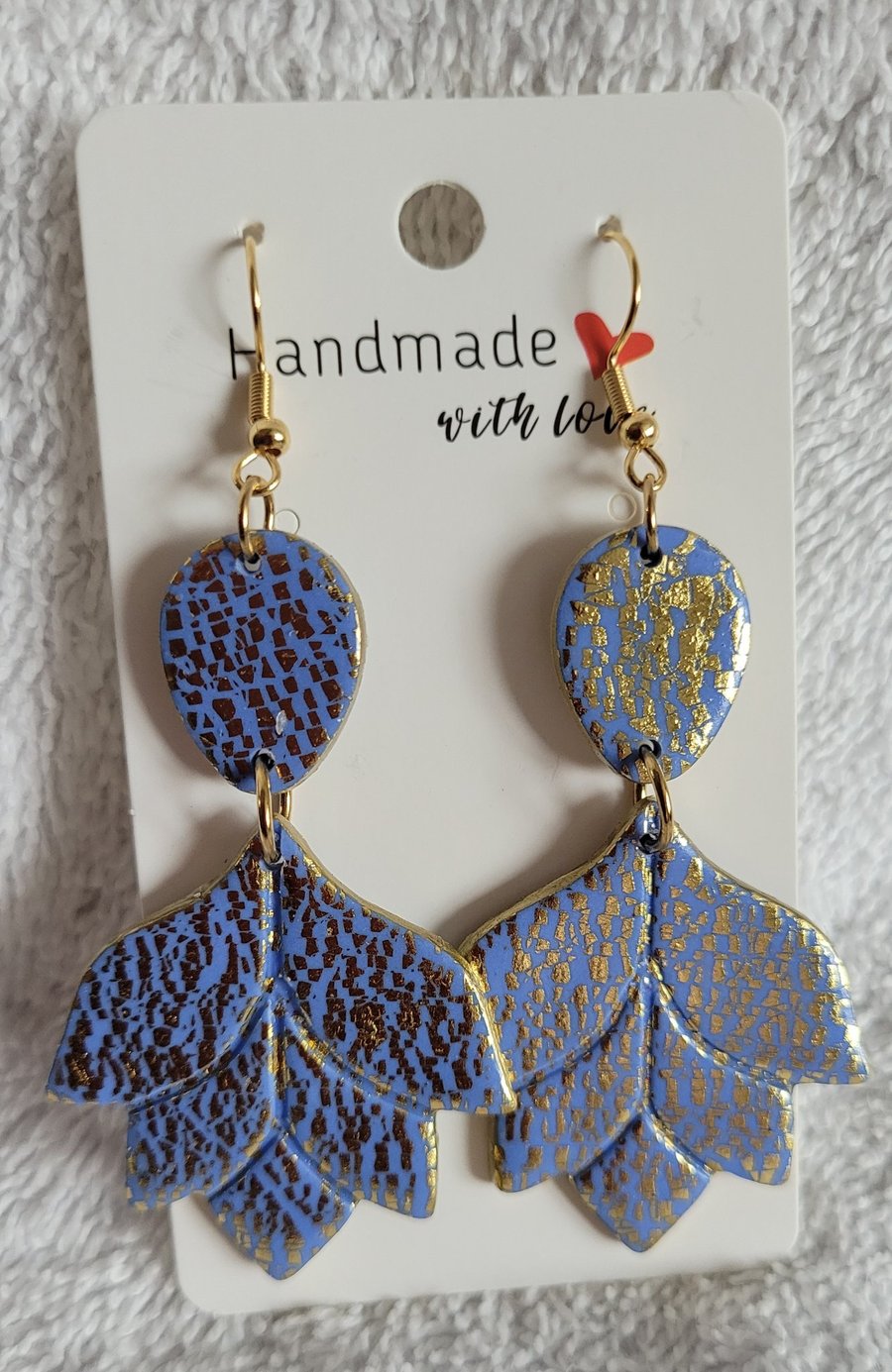 Handmade Polymer Clay Blue and Gold Leaf Earrings, 316 Surgical Stainless Steel