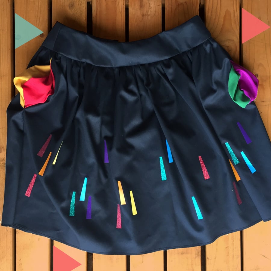 Rainbow Handmade Black Skirt-with pockets! Bright sun beam pattern