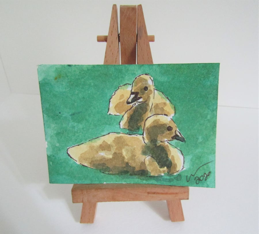 ACEO Art Goslings Original Watercolour & Ink Painting OOAK
