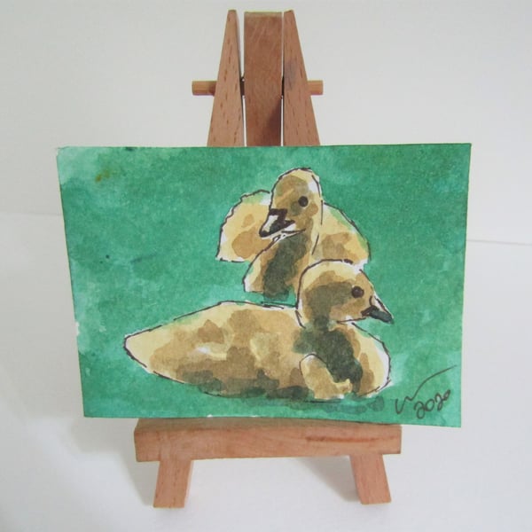 ACEO Art Goslings Original Watercolour & Ink Painting OOAK