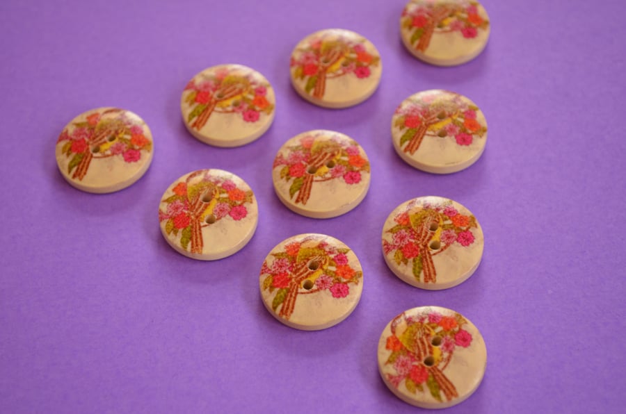 Wooden Great Tit Bird and Flower Buttons Vintage Style 10pk 20mm (MB5)