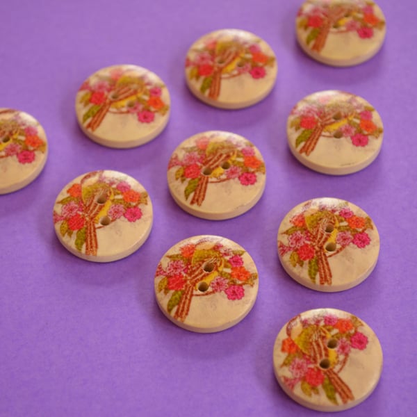 Wooden Great Tit Bird and Flower Buttons Vintage Style 10pk 20mm (MB5)