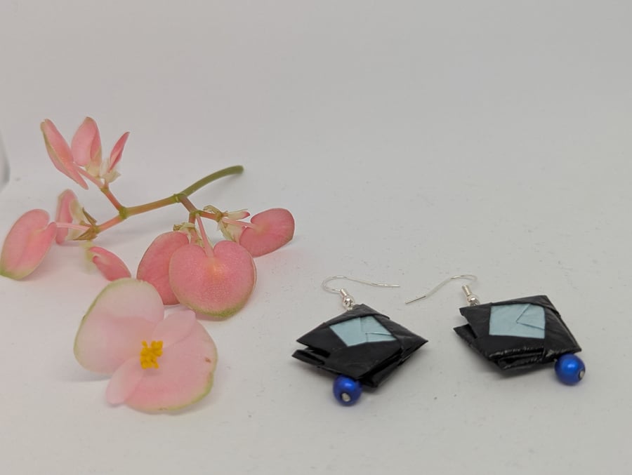  Black and ice blue Japanese paper earrings