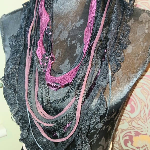 Handmade upcycled Gothic boho infinity scarf Victorian Ruby