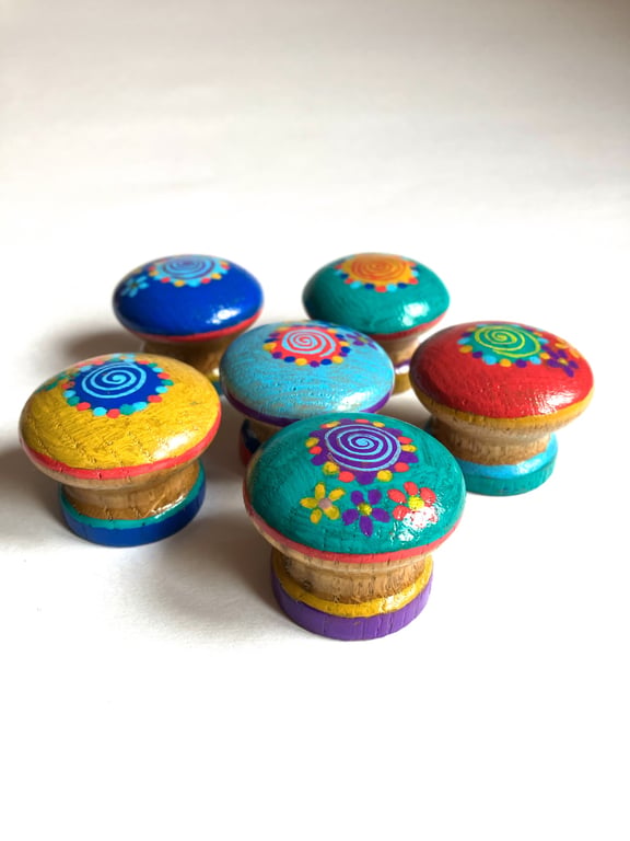 Set of 6 up cycled hand painted wooden drawer handles 