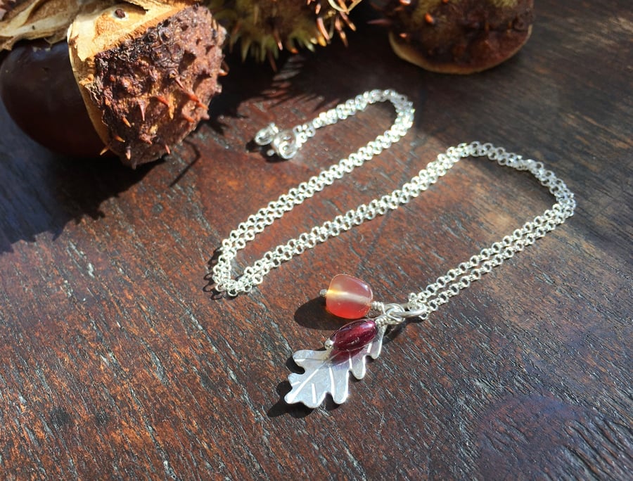 Handmade sterling silver leaf and gemstone necklace